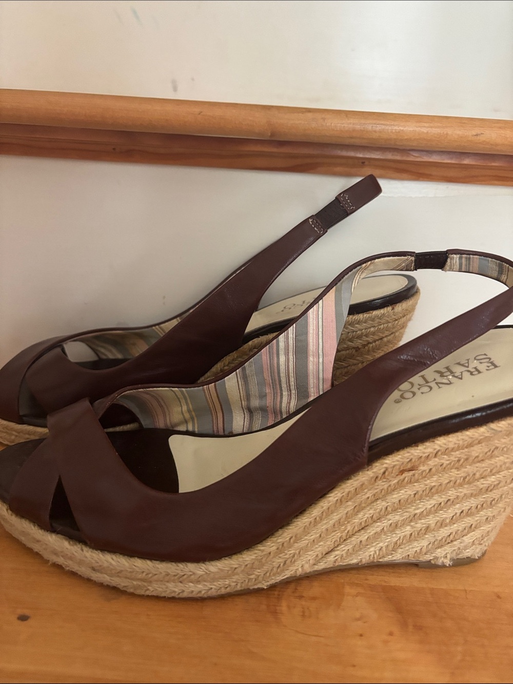 Franco Sarto Brown Leather Crisscross Espadrille Wedge Sandals - Picture 2 of 5
